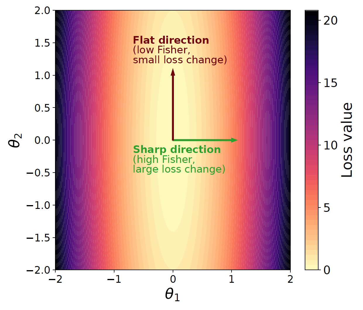 Anisotropic loss landscape illustrating curvature and parameter importance